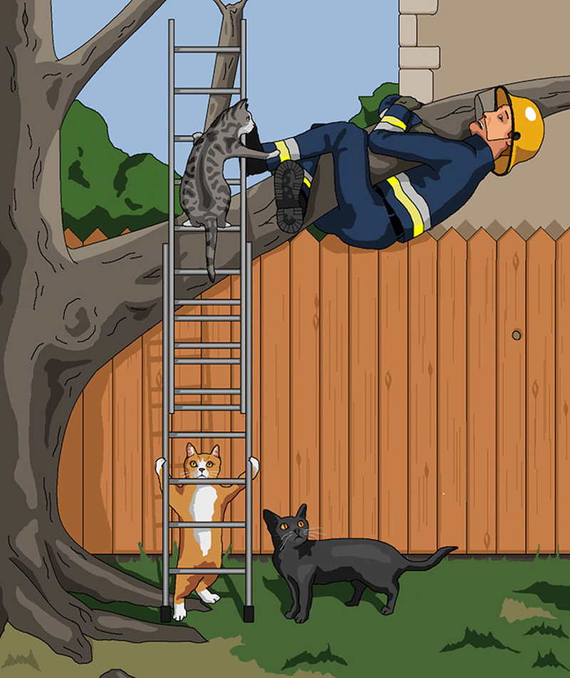 карикатура коты снимают пожарного с дерева