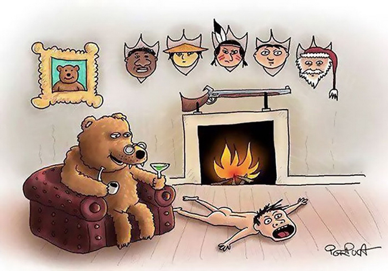 карикатура медведь охотник