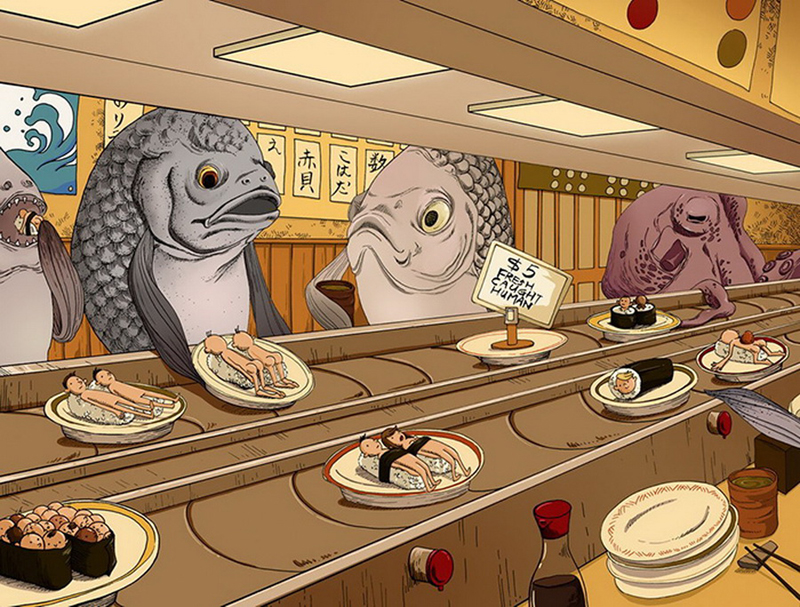 карикатура суши с людьми